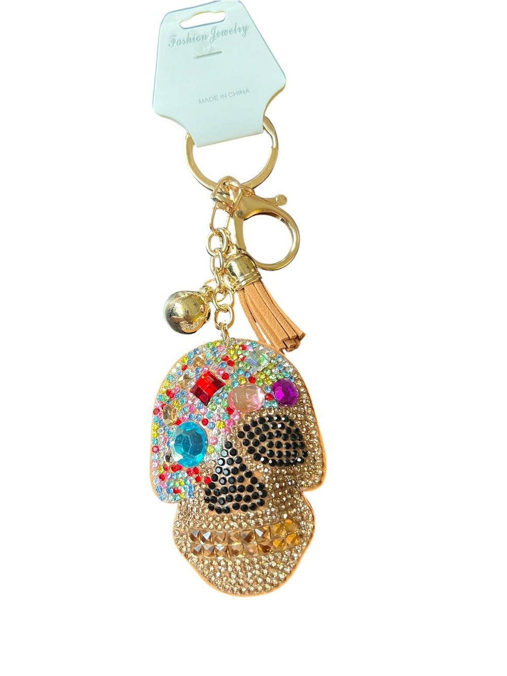 Gold Multicolor Rhinestone Skull Keychain and Bag Charm - Fashion Jewelry